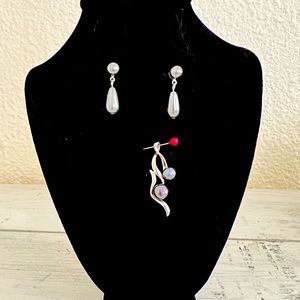 Vintage Sterling Sliver Round Grey Cultured Pearls Pendant & Pearl Earrings